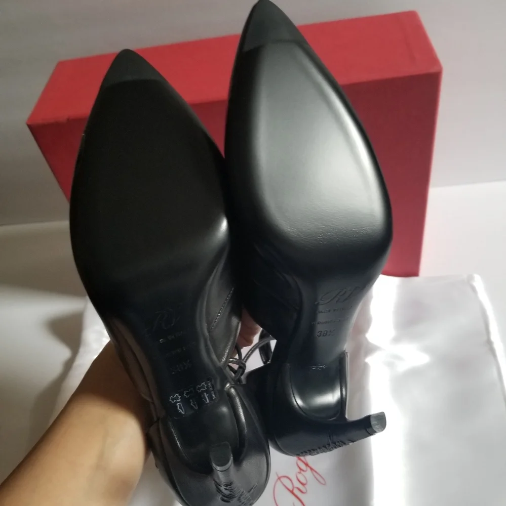 Roger Vivier Logomania Leather Pointed Toe Lace Up Heel Pumps Size 38.5 - Picture 10 of 12